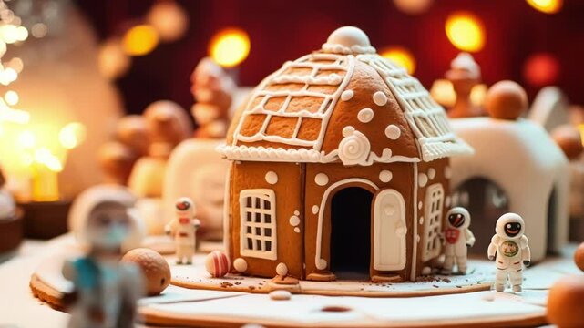 Gingerbread house decorated with white icing is surrounded by figurines of astronauts in a winter wonderland setting. The warm lights in the background create a cozy christmas atmosphere
