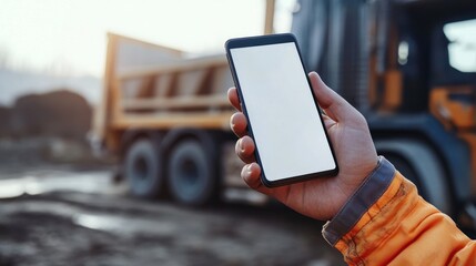Construction Worker Using Smartphone with Dump Truck in Background