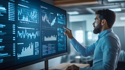 A man pointing at a computer monitor displaying graphs and numbers