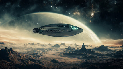 Obraz premium A futuristic spaceship glides over an alien landscape with rocky terrain, under a stunning starry sky and a looming planet in the background.