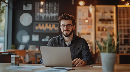 A man is sitting at a table with a laptop in front of him