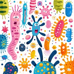 Playful illustration of colorful microbes and bacteria with vibrant colors on a white background, perfect for educational purposes.