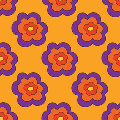 1970s floral seamless pattern. Groovy and funky hippie aesthetic.Good vibes only.Ornament with flowers, botany, petals.Psychedelic rainbow repeating background.Retro print for fabric with nature.	