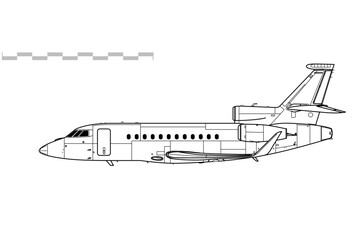 Dassault Falcon 900LX. Vector drawing of corporate jet aircraft. Side view. Image for illustration and infographics.