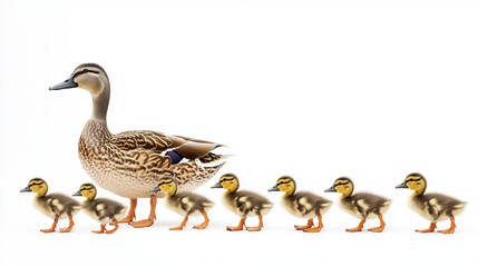 Obraz premium A mother duck with six ducklings walking in a line against a white background.