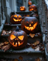 Obraz premium Spooky Halloween scene showcasing carved pumpkins on a staircase, surrounded by fallen leaves, creating an eerie atmosphere.