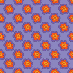 1970s floral seamless pattern. Groovy and funky hippie aesthetic.Good vibes only.Ornament with flowers, botany, petals.Psychedelic rainbow repeating background.Retro print for fabric with nature.	