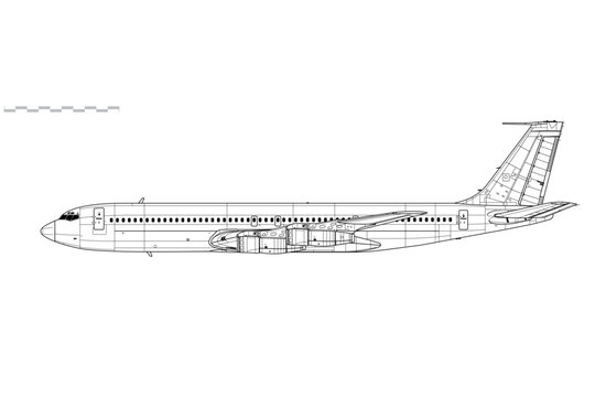 Boeing 707-320. Vector drawing of long-range passenger jet airliner. Side view. Image for illustration and infographics.