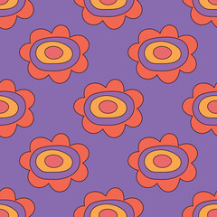 1970s floral seamless pattern. Groovy and funky hippie aesthetic.Good vibes only.Ornament with flowers, botany, petals.Psychedelic rainbow repeating background.Retro print for fabric with nature.	