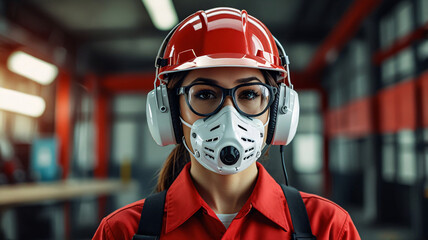 hardhat employee lady red industry factory worker woman wears helmet mask glasses headphone
