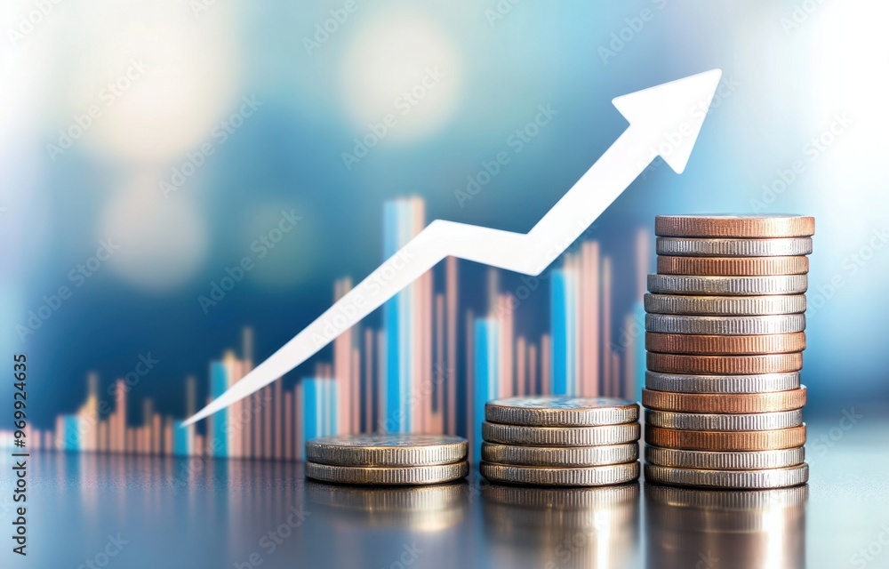 Poster a stack of coins with an upward arrow and financial charts in the background, representing stock mar