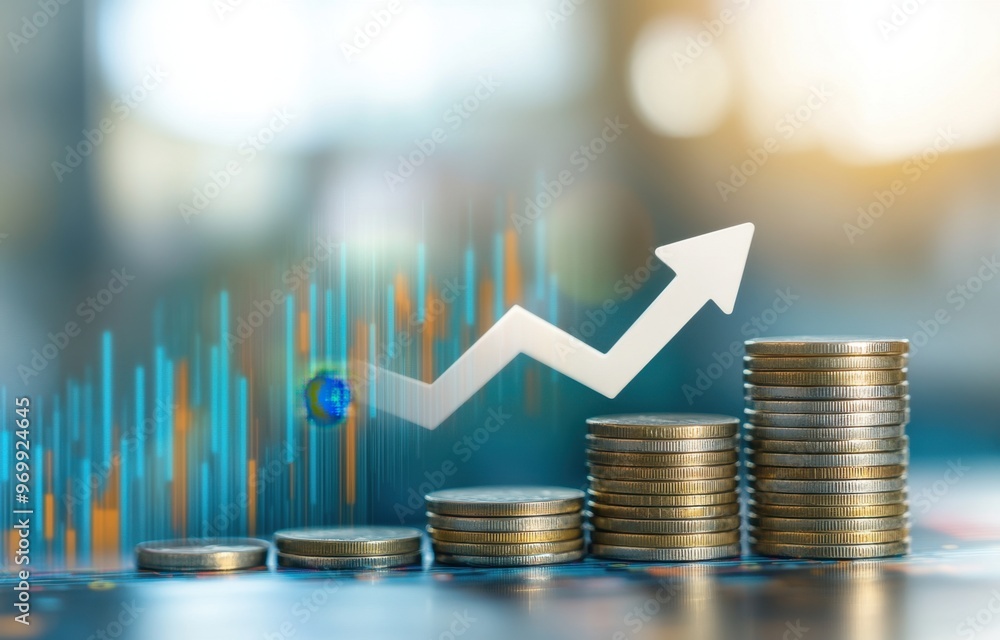 Poster a stack of coins with an upward arrow and financial charts in the background, representing stock mar