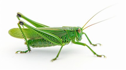 A green grasshopper with long antennae sits on a white background, facing to the right.