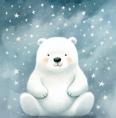 Cute polar bear on winter background. Watercolor wild animal. Star blue sky. Christmas poster, greeting card, banner.
