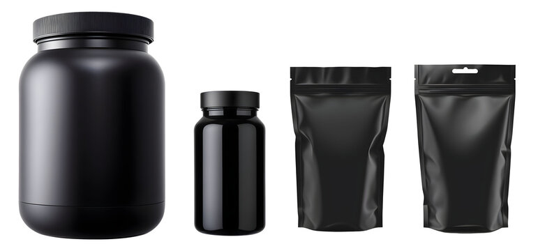 Potes de prote&iacute;nas. Pote fitness de suplementos e nutri&ccedil;&atilde;o. Garrafas de pl&aacute;stico para academia isolado em fundo transparente 