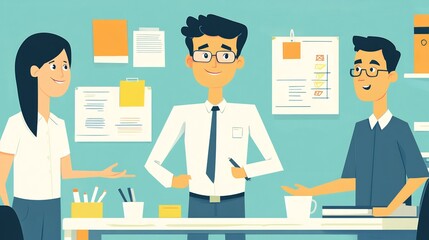 Three colleagues are gathered around a table, discussing a project or idea.