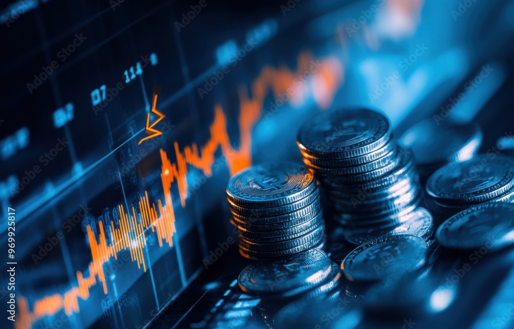 Poster close-up of a stack of coins and a stock market graph with an arrow pointing upwards, against a digi