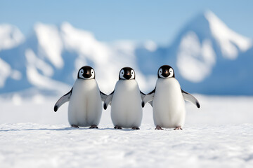 Fototapeta premium Group of Penguins Standing on Snowy Landscape, Antarctic Wildlife and Natural Habitat
