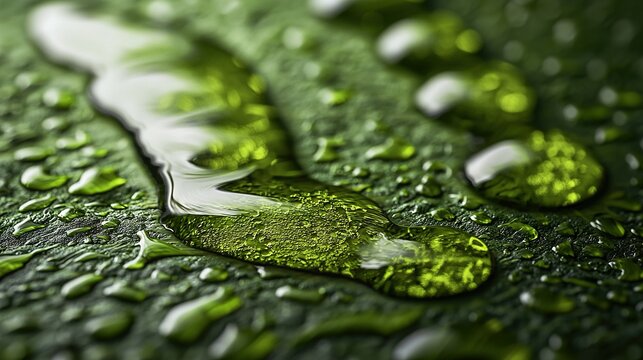   A close-up of a leaf with droplets of water on it, and the leaves themselves are green