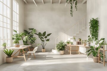 Open workspace with light gray walls, white ceiling, and minimalist wooden desks