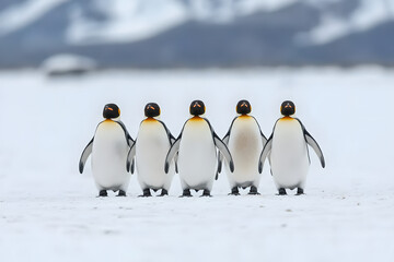 Obraz premium Group of Penguins Standing on Snowy Landscape, Antarctic Wildlife and Natural Habitat