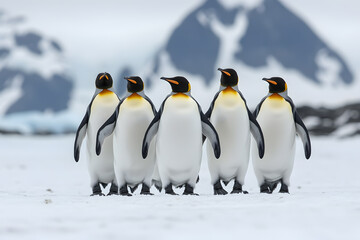 Obraz premium Group of Penguins Standing on Snowy Landscape, Antarctic Wildlife and Natural Habitat