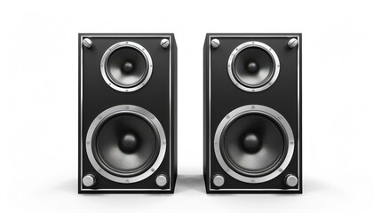 Fototapeta premium Two black speakers with silver accents on a white background.