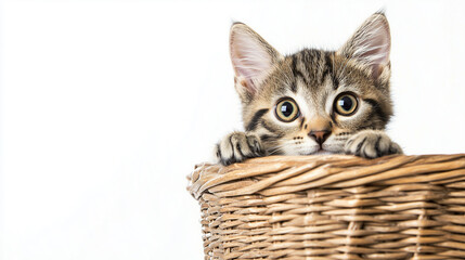 Adorable tabby kitten with wide eyes peeking over the edge of a wicker basket against a white background.