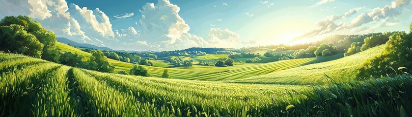 Fototapeta premium Organic farm, lush green fields with crops, D illustration