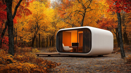 white mobile office set in an autumn forest, designed as a portable home and office cabin