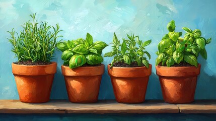 Obraz premium Organic herb garden, pots with fresh basil, mint, and rosemary, D illustration