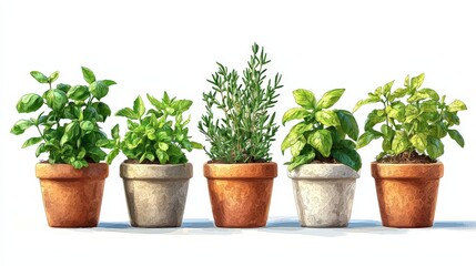 Obraz premium Organic herb garden, pots with fresh basil, mint, and rosemary, D illustration