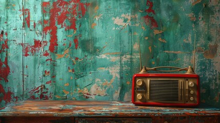 Vintage radio on a distressed table against a textured turquoise and red wall background