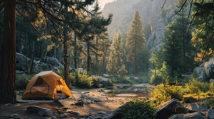 Sunrise camping near a tranquil stream in a forested mountain setting