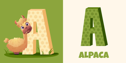 English alphabet with cute animals. Funny cartoon alpaca and the letter A. ABC design in a colorful style, vector illustration for poster, banner, education materials