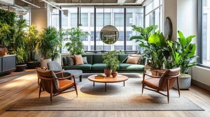 Obraz premium Modern Office Lounge with Green Sofa, Two Chairs, and Abundant Plants