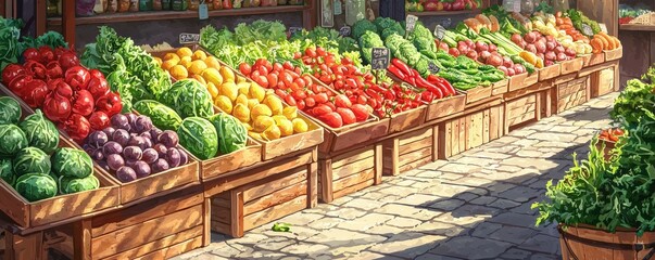 Obraz premium Organic vegetable market, stalls full of fresh produce, D illustration