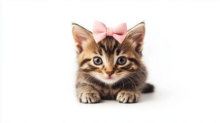 Obraz premium Adorable tabby kitten with a pink bow on its head, looking at the camera with curious, innocent eyes against a white background.