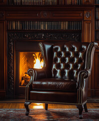 Naklejka premium Classic wingback chair, dark brown leather, with tufted back and brass nailhead trim