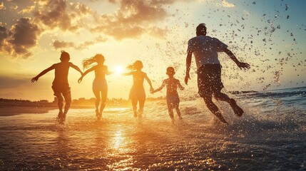 Running, water splash and happy family at beach with fun, bonding or freedom on summer, vacation and holiday. Travel, energy or kids with parents at ocean for adventure, journey or games in Florida