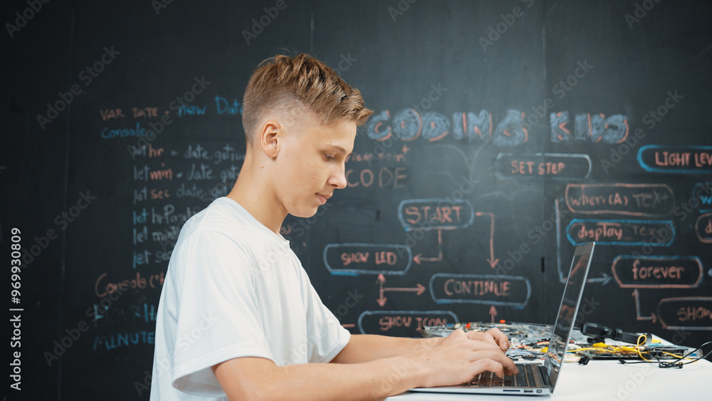 Poster smart teenager coding or programing system at table with electronic equipment. academic student writ