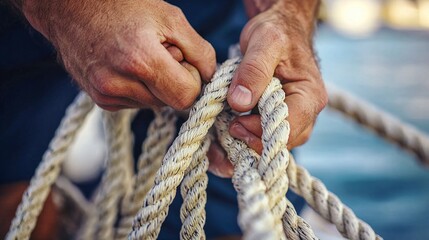 natural hemp rope being knotted by sailor or fisherman, close up of hands.