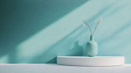 A simple, stylish 3D scene featuring a turquoise wall and a white platform. This minimalist backdrop is perfect for showcasing products in a modern setting.