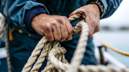 natural hemp rope being knotted by sailor or fisherman, close up of hands.