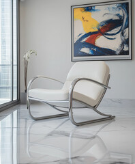 Lounge chair with sleek metal frame, soft white leather upholstery, placed on a polished marble floor, contemporary art on the wall in the background
