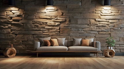 Rustic Stone Wall Illuminated by Warm, Soft Lighting, Featuring a Modern Sofa with Earthy-Toned Cushions and Minimalist Wooden Decor