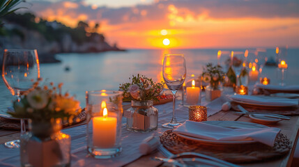 A romantic dinner setting with candles, flowers, and a beautifully set table by the sea at sunset