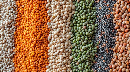   A close-up of various bean types on a colorful table