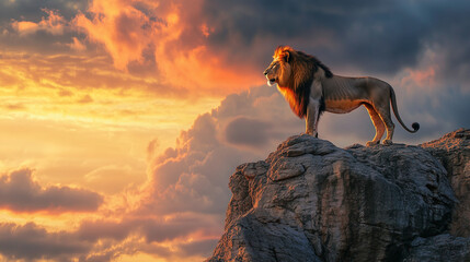 A majestic lion stands proudly on a rocky cliff with a dramatic sunset sky in the background, showcasing its power and dominance in the wild.