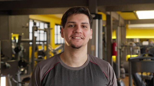 Video portrait of a Man Smiling at the Camera in a Gym Environment. A Friendly Gym-Goer Facing the Camera with a Warm Smile and a Fitness Center in the Background